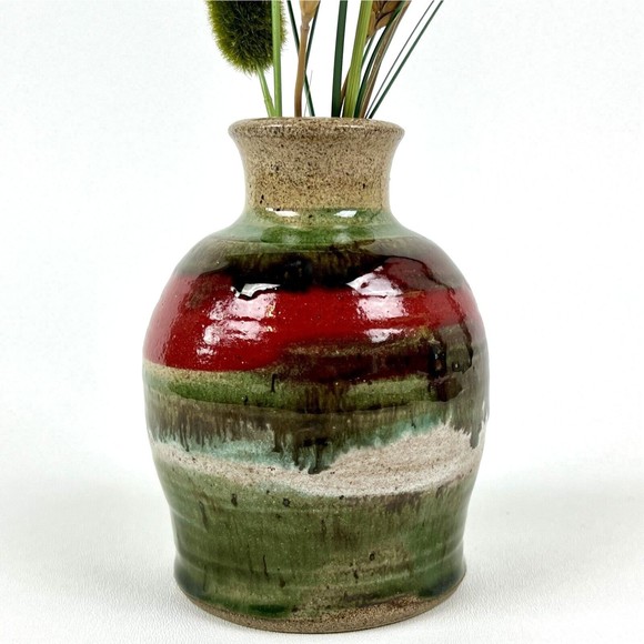 Studio Art Pottery Vase 5.5" Tall Fat Lava-Style Glaze Red/Green/Brown Signed - Picture 4 of 8